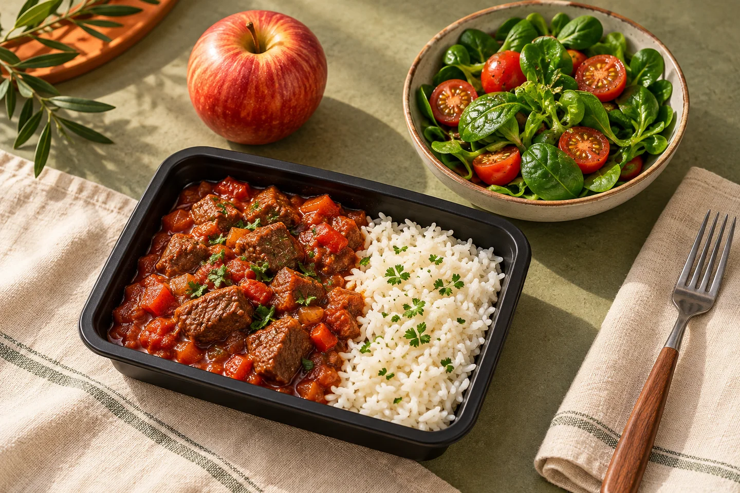 Beef with rice, a baby leaf salad and an apple presented as a complete menu