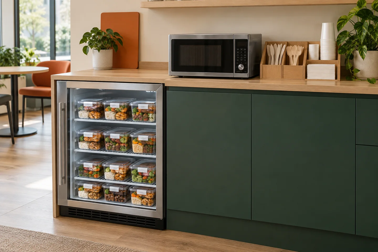 CrewNuts Station with a glass-door fridge containing labelled meals, a microwave, disposable cutlery, cups and napkins