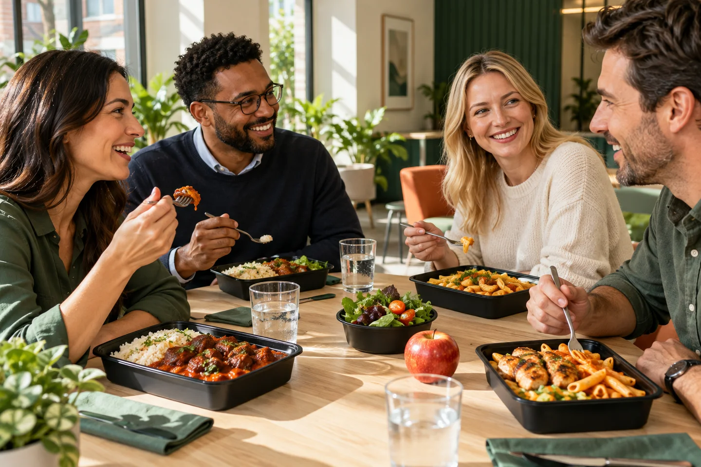 Colleagues enjoying individual meals together in a bright workplace break area