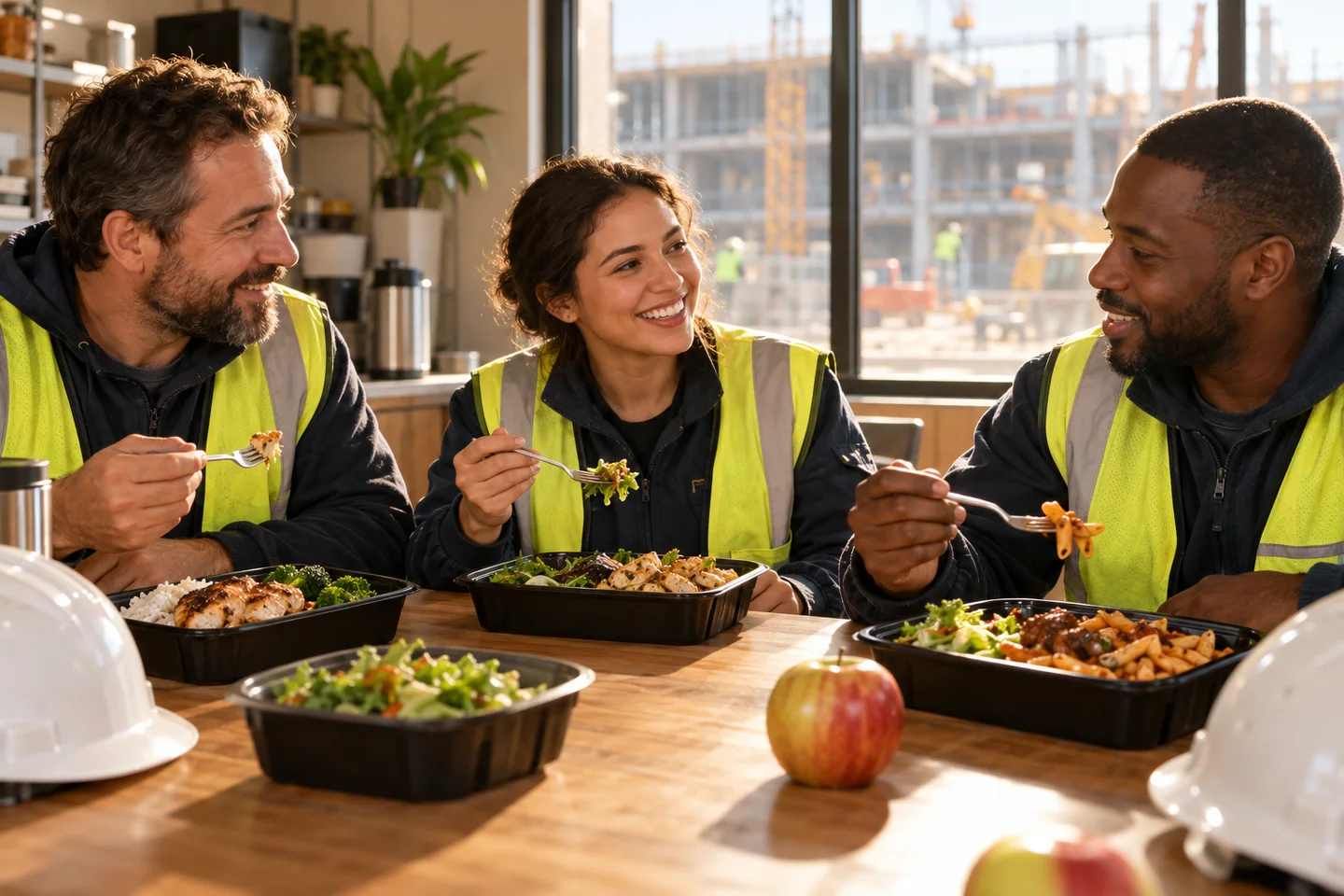 Construction colleagues sharing a meal in a sheltered site break area